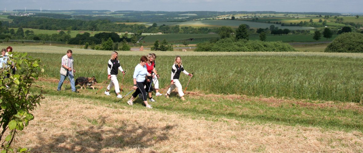 Gruppe beim Nordic Walking auf einem Feldweg